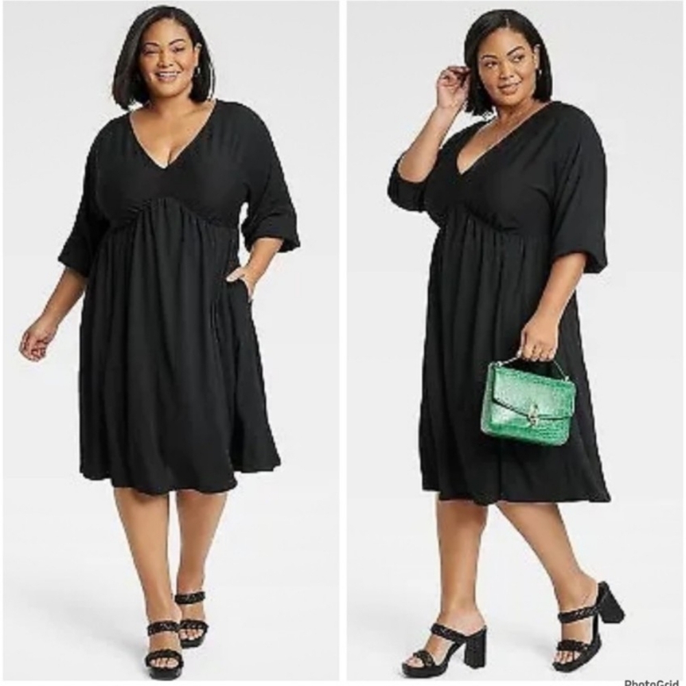 Ava & Viv Women's Black Knit Empire Waist Dress 3/4 Dolman Sleeves Size 2X